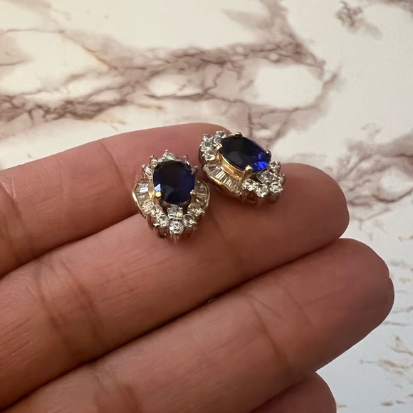 Sparkling Statement Halo Stud Oval Earrings Blue Sapphire & Cz Flower Rh… - Picture 1 of 7